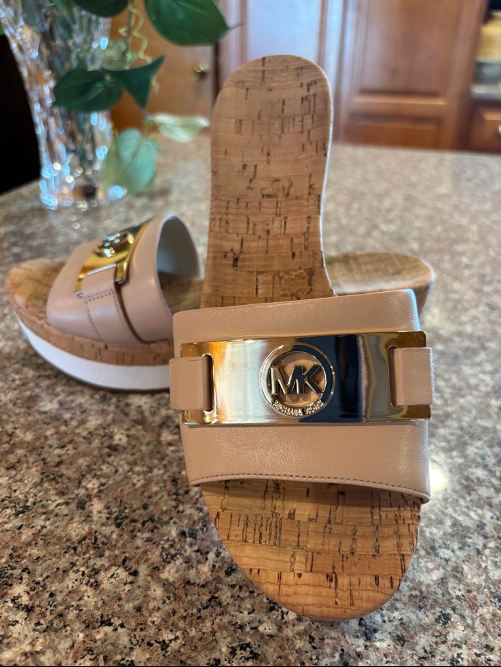 Michael Kors Warren Nude Leather Cork Wedge Slide Sandals with Gold MK Medallion - Picture 4 of 16